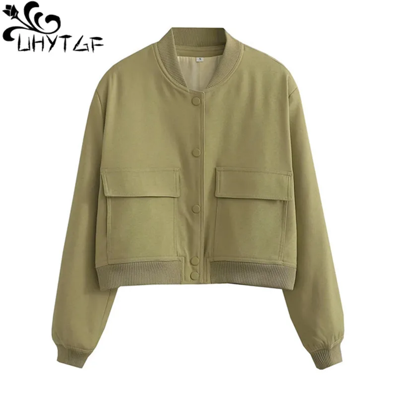 

UHYTGF Jacket Womans Fashion Pockets Button Spring Autumn Bomber Jackets Female Casual Thin Coat Ladies Short New Outerwear 2303