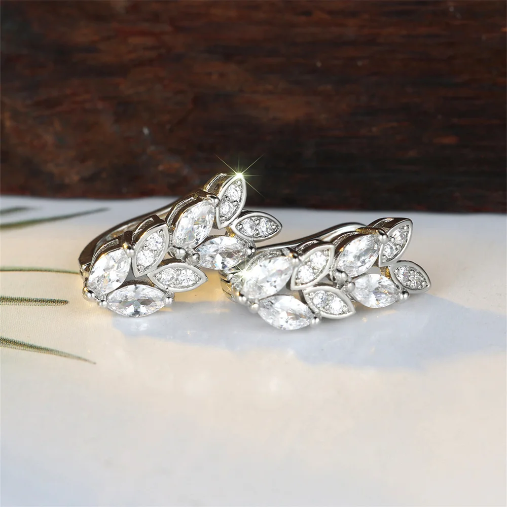 Luxury White Zircon Marquise Stone Tree Leaf Hoop Earrings For Women Vintage Silver Color Ear Buckle Wedding Jewelry Party Gifts