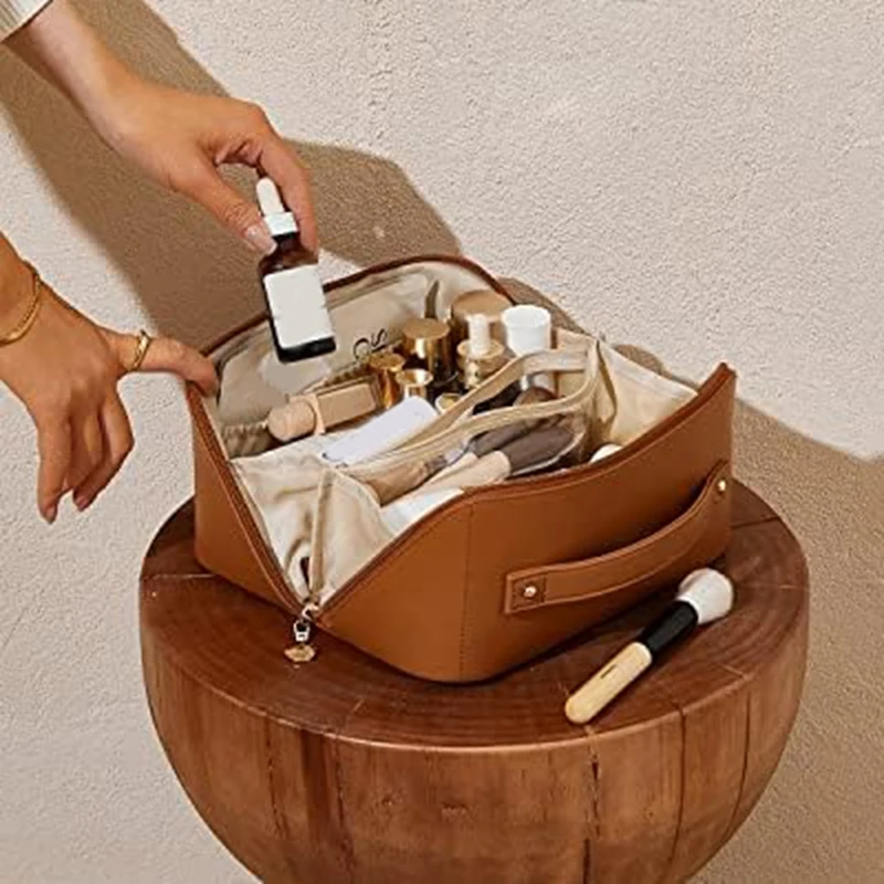 Travel Makeup Bag,Waterproof Portable Pouch Open Flat Toiletry Bag Make Up Organizer With Divider And Handle(Brown) Durable 6