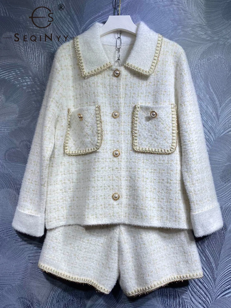 

SEQINYY Knitting Casual Set Spring Autumn New Fashion Design Women Runway High Street Pockets Jacket + Shorts Plaid Casual