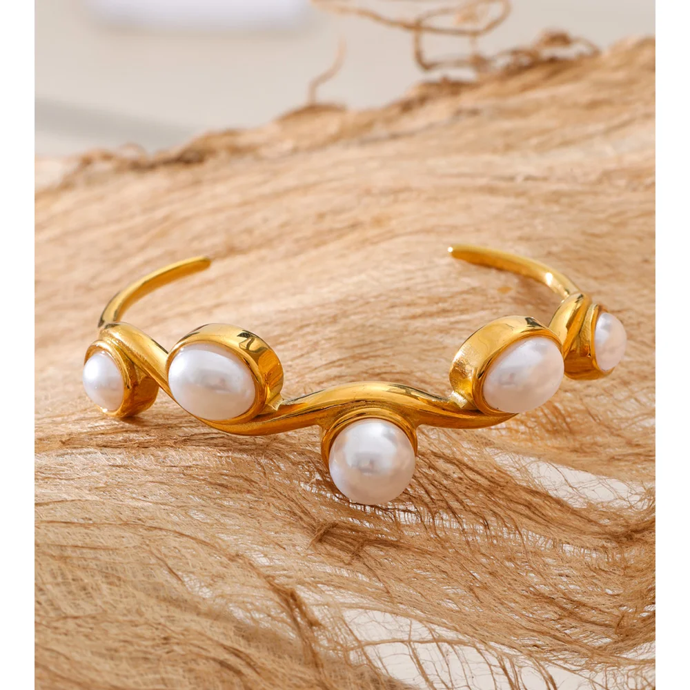 Yhpup 60mm Stainless Steel Simulated Pearls Open Cuff Bracelet