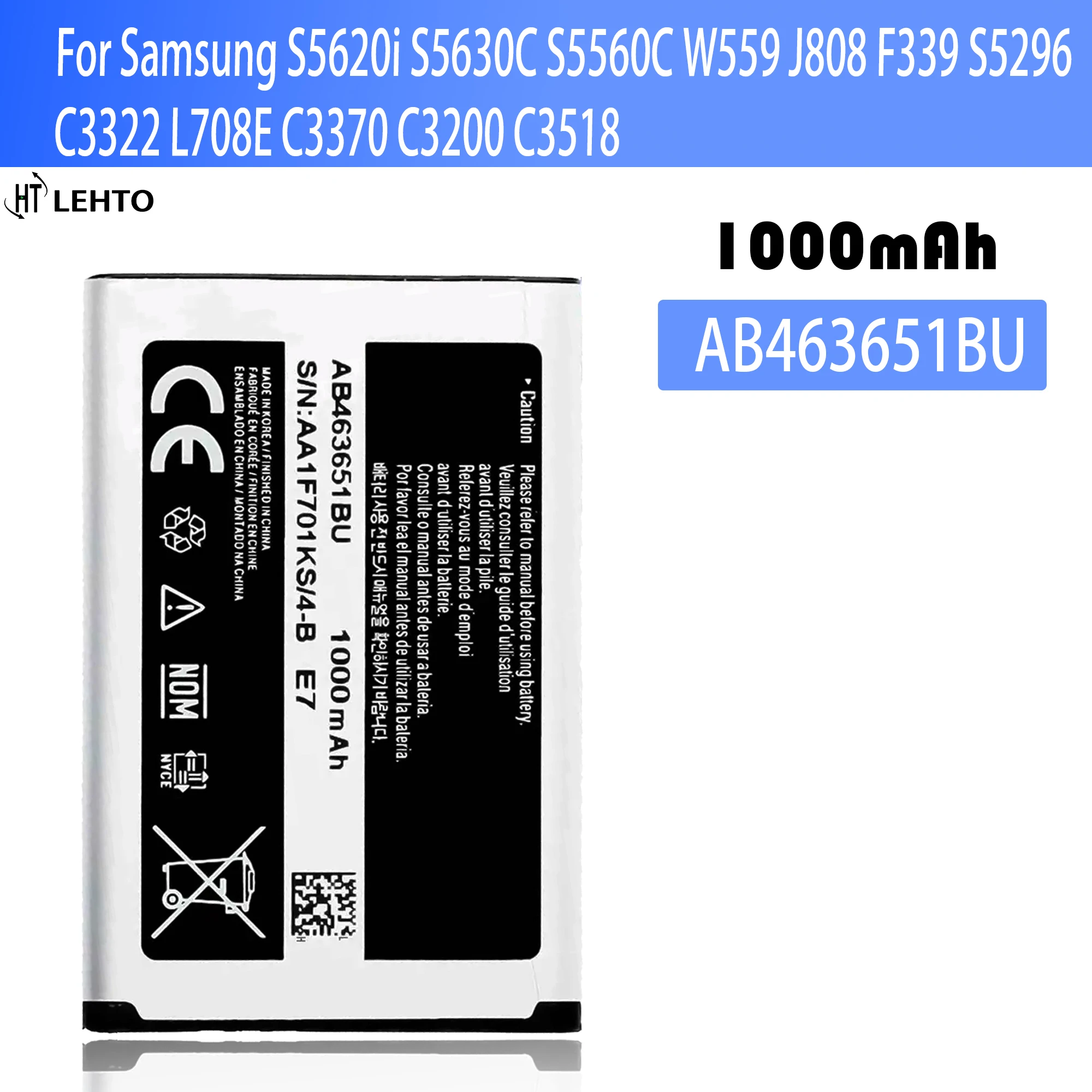 

100% Orginal AB463651BU Battery For Samsung S5620i S5630C S5560C W559 J808 F339 S5296 C3322 L708E C3370 C3200 C3518 Batteries