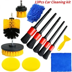 Comprehensive Car Cleaning & Detailing Brush Kit with Towel and Polisher (Set 5-13Pcs)