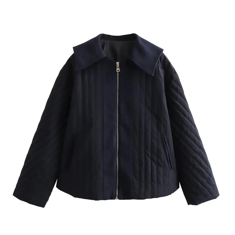 

TRAF Black Lapel Jacket Women Winter Casual Long Sleeves Zippers Coats Autumn Korean Style Splice Cold Coat Waistcoat 2023 Woman