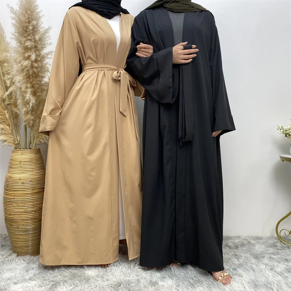 

Muslim Women Kimono Open Front Abaya Cardigan 2023 Ramadan Eid Mubarak Jalabiya Belted Kaftan Dubai Turkey Robe Maxi Dress Gown