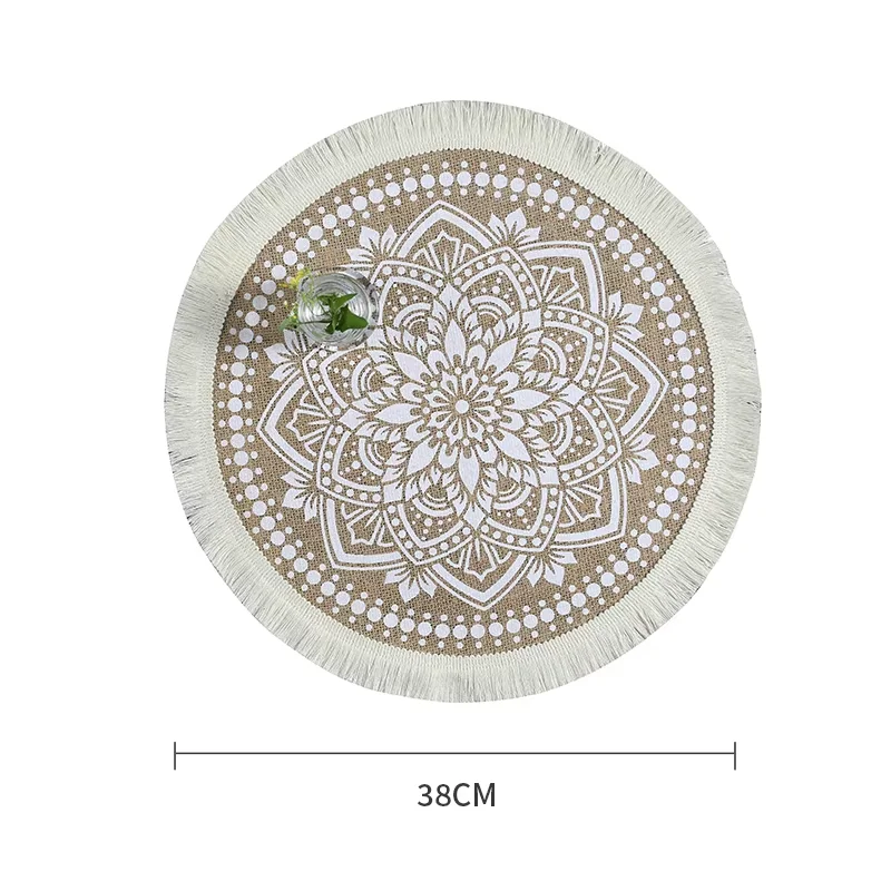 Elegant Jute Fabric Dining Mat with Modern Geometric Pattern and Tassel Edge