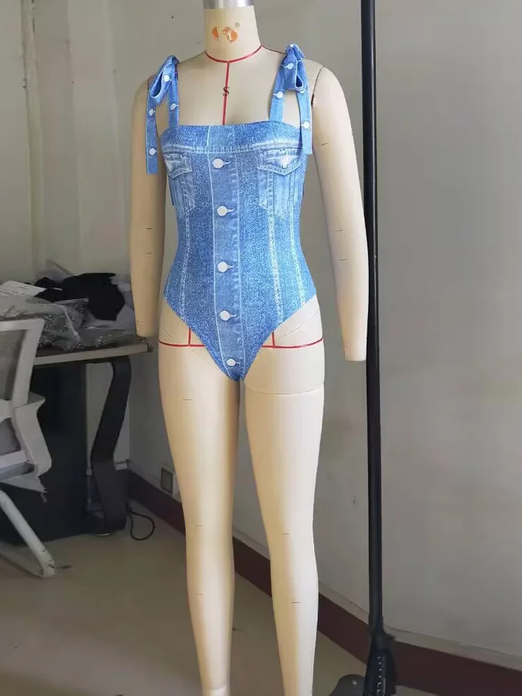 Beautiful Blue Denim Outfit Print Monokini Skirt Set Two-Piece 6