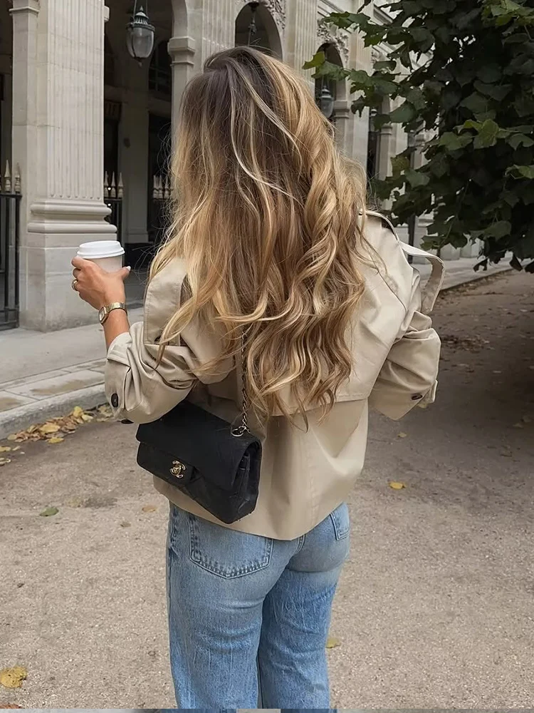 2025 Ladies Vintage Cropped Trench Autumn Jacket Women Streetwear Double Breasted Long Sleeve Top Female Chic Coat Outfits ﻿