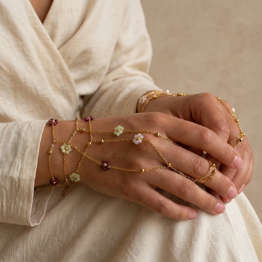 Minimalistischer Kristallblumen-PVD-beschichteter Edelstahlring-Armreif für Damen, zierliche, wasserdichte Blumen-Fingerkette, Partyschmuck