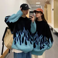 Fashionable American Hip Hop Loose Knitted Sweater Couple Outerwear Winter Men's Women's Crew Neck Flame Design Comfortable