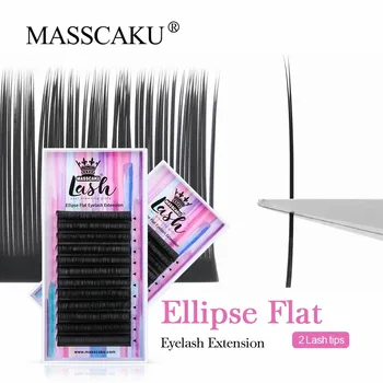 MASSCAKU-매트 블랙 슈퍼 소프트 내추럴 속눈썹 익스텐션, 밍크 타원형 플랫 모양 속눈썹 용품, 두 개의 스플릿 팁