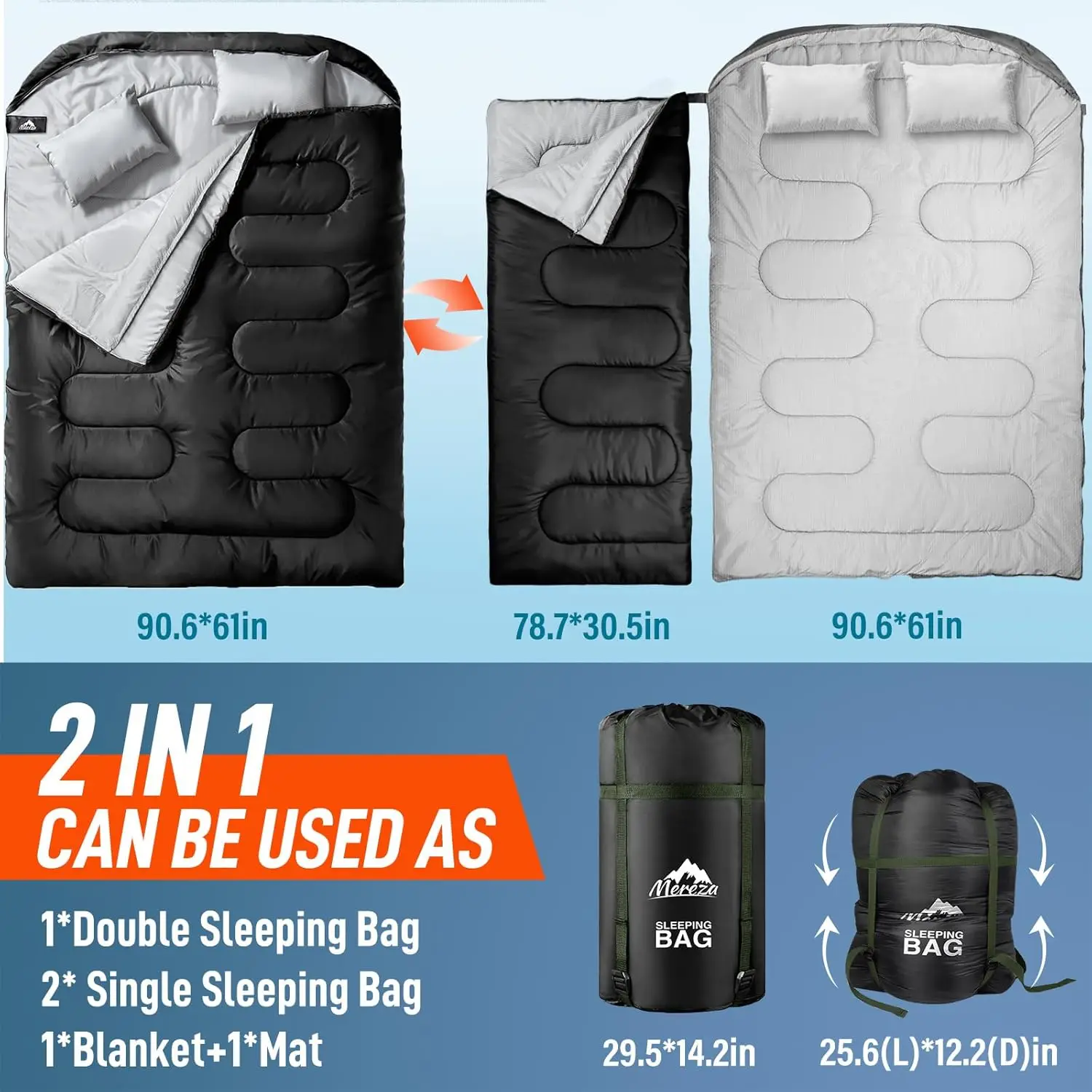Double Sleeping Bag for Adults Mens with Pillow, XL Queen Size Two Person Sleeping Bag for All Season Camping Hiking Backpacking