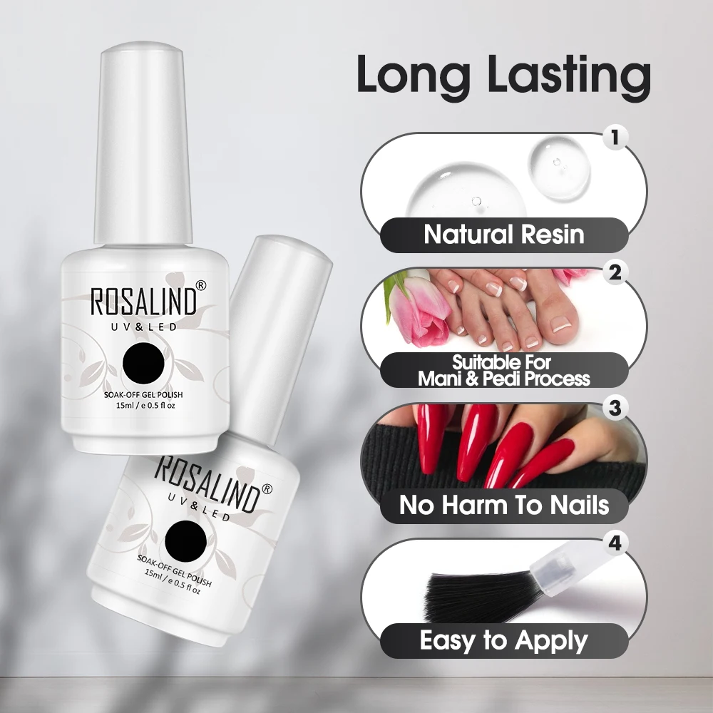 ROSALIND 15ML Gel Set 2/6PCS Nail Polish Set Semi Permanent Brights Colors Soak Off UV Gel Base Top Coat Nail Art Decoration 3