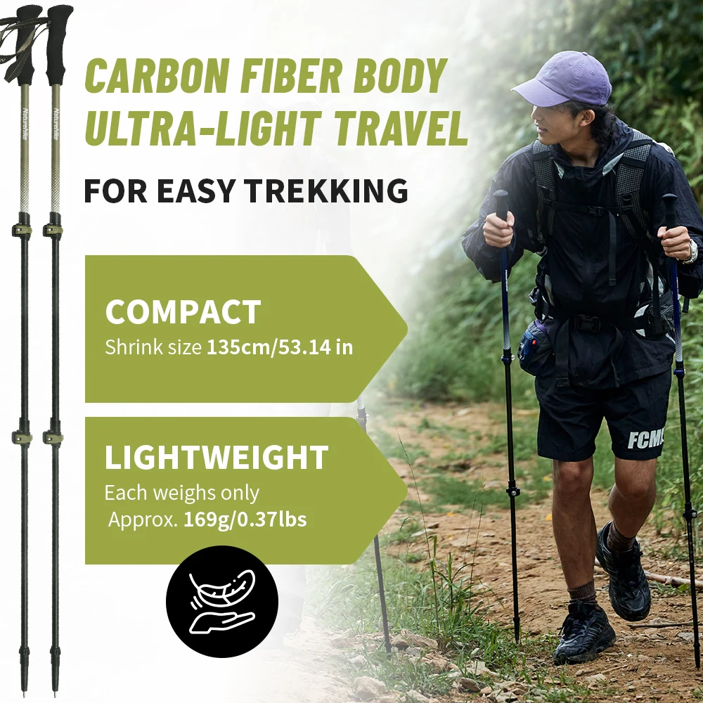 Naturehike Walking Stick First Snow EXT1 Carbon Fiber Hiking Poles 3 Section Ultra-light Telescopic Outdoor Climbing Hiking Cane 3