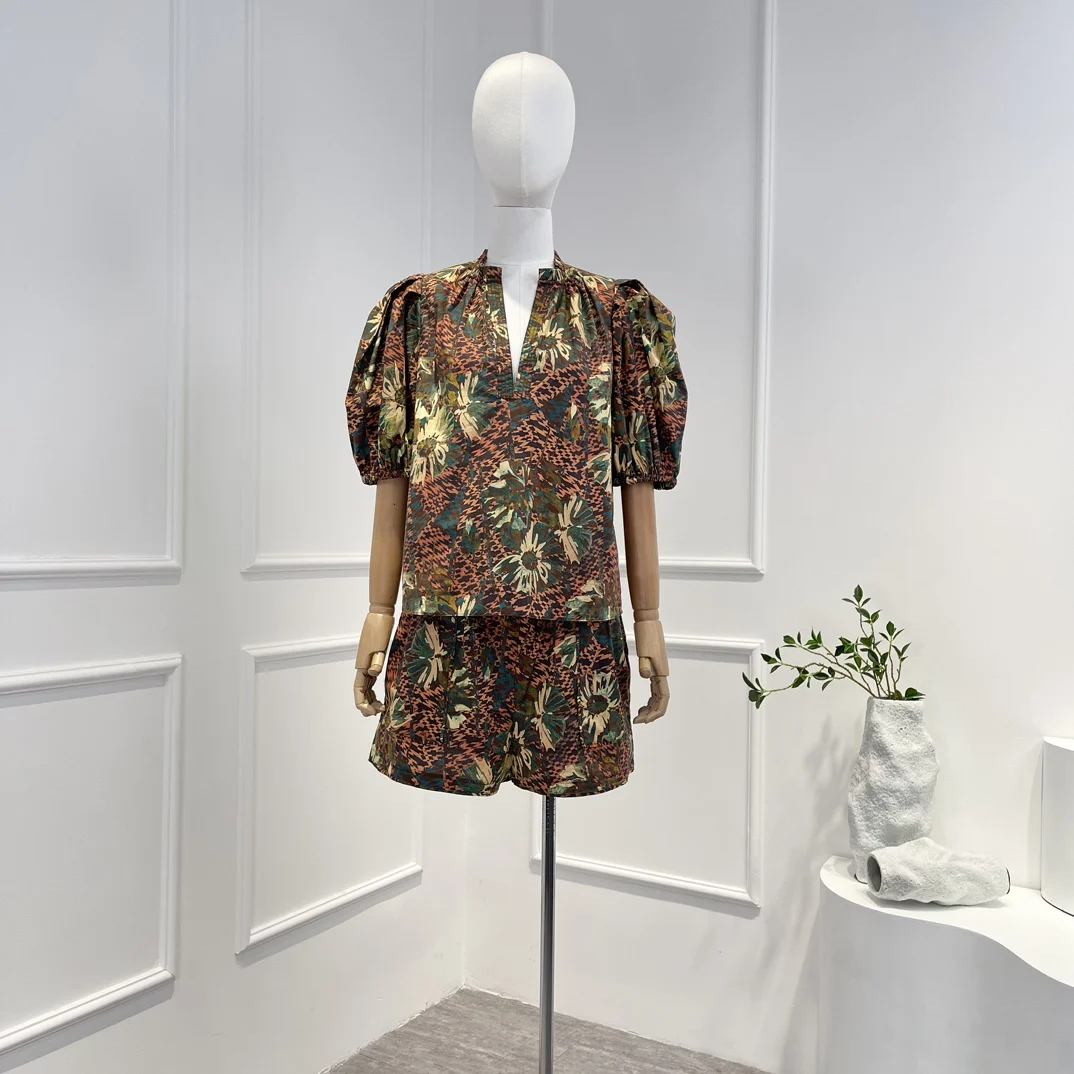

2023 Top Quality Women Flower Print Beach Style Puff Sleeve Blouse and Shorts Set