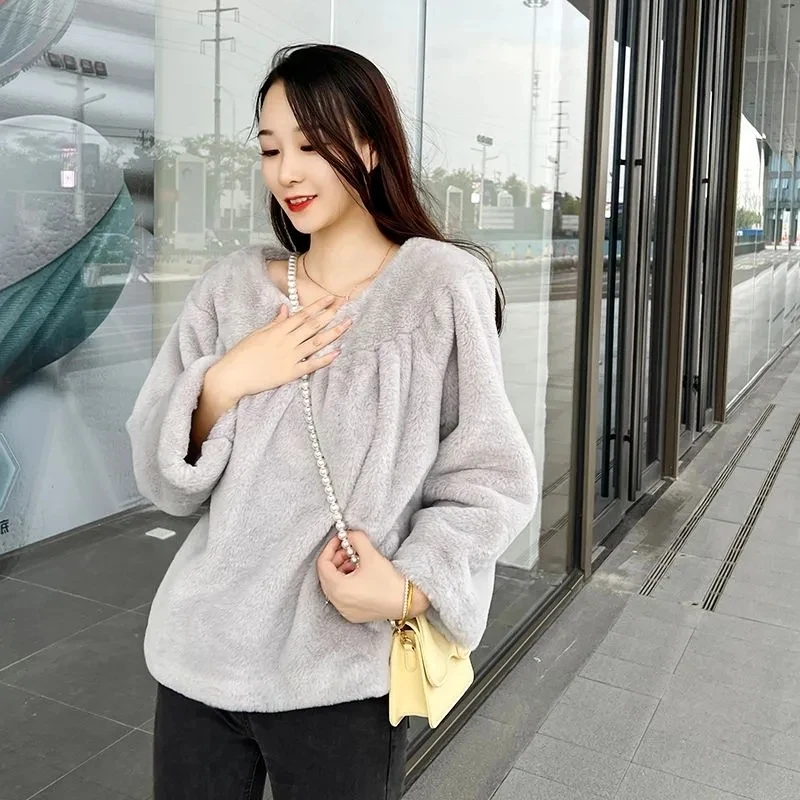 2023 New Winter Thick Plush Warm Clothes  Overcoat Faux Fur Collar Fashion Ladies Coats Furry Female Coats Soft Fashion Top