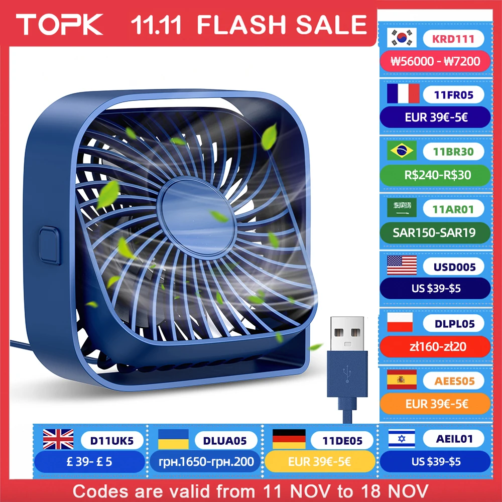 TOPK Mini Portable Fan USB Desk Fan Table Strong Airflow &Quiet Operation 3 Speed Wind 360°Rotatable Standing fans for room Home 1