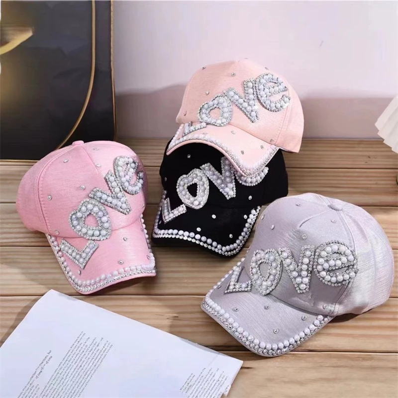 Hot Sale New Women Y2K Cap Baseball Cap Outside Women Shiny Pearl Love Letter Decoration Cap Female Trendy Hat