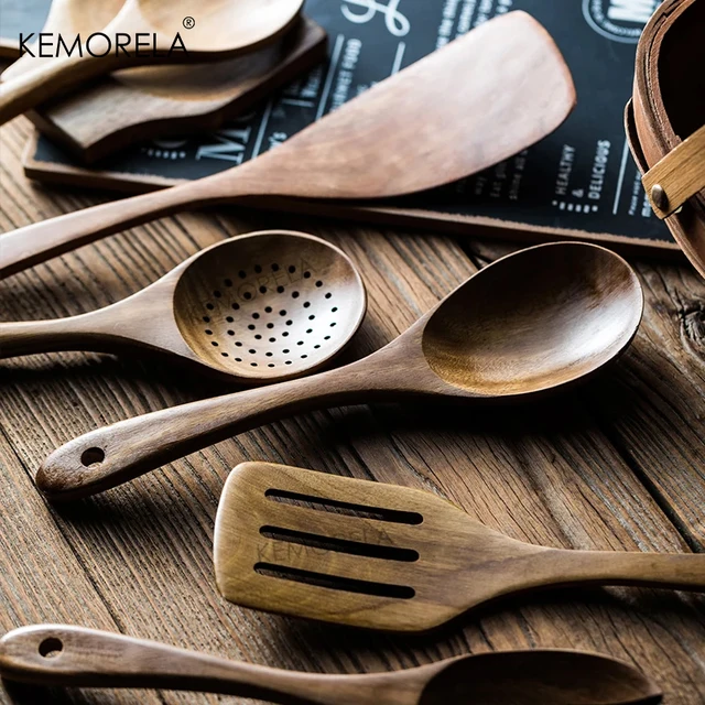 Set de utensilios de cocina de madera de teca: 4 a 9 piezas con soporte | Emoape