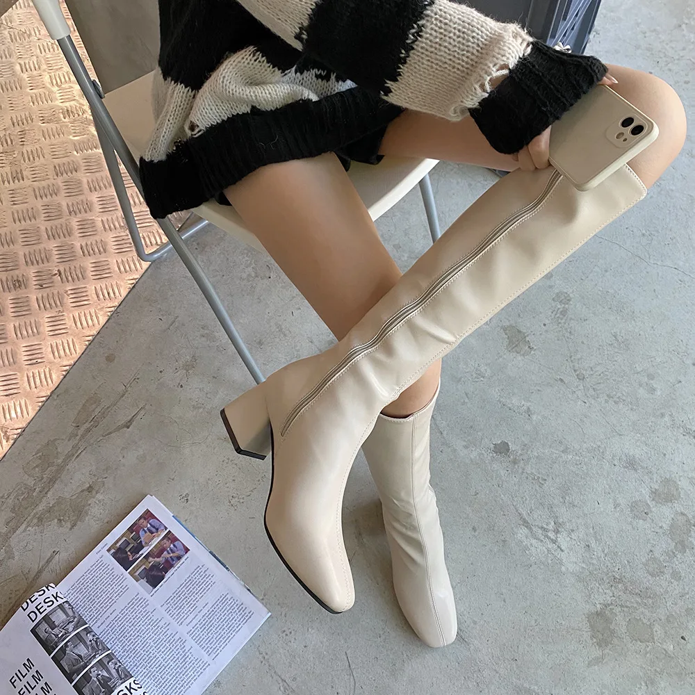 Women's Knee High Long Boots Soft PU Leather Shoes Square Mid Heels Ladies Fashion Booties Autumn Winter Female Thigh High Boots