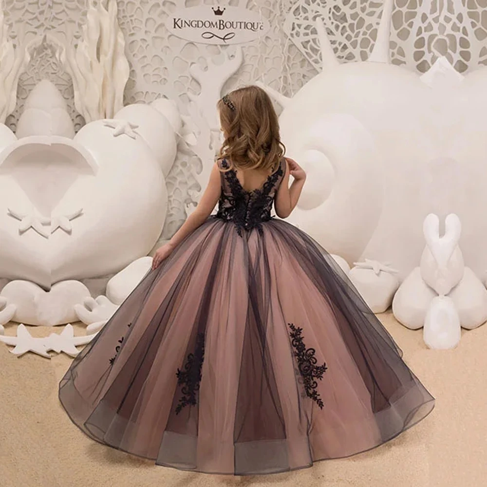 Flower Girl Dresses Black Lace Flower Girl Dresses For Party Elegant Sleeveless Tulle V Neck Girls Pageant Princess Birthday Dress