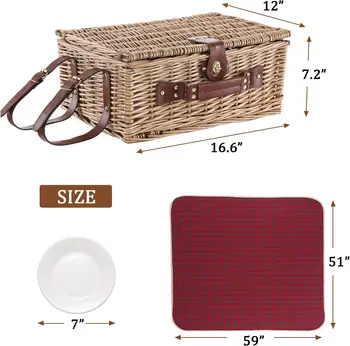 Wicker Picnic Basket for 4 with Waterproof Picnic Blanket and Insulated Cooler, Willow Hamper for Camping, Outdoors, Photoshoot 3