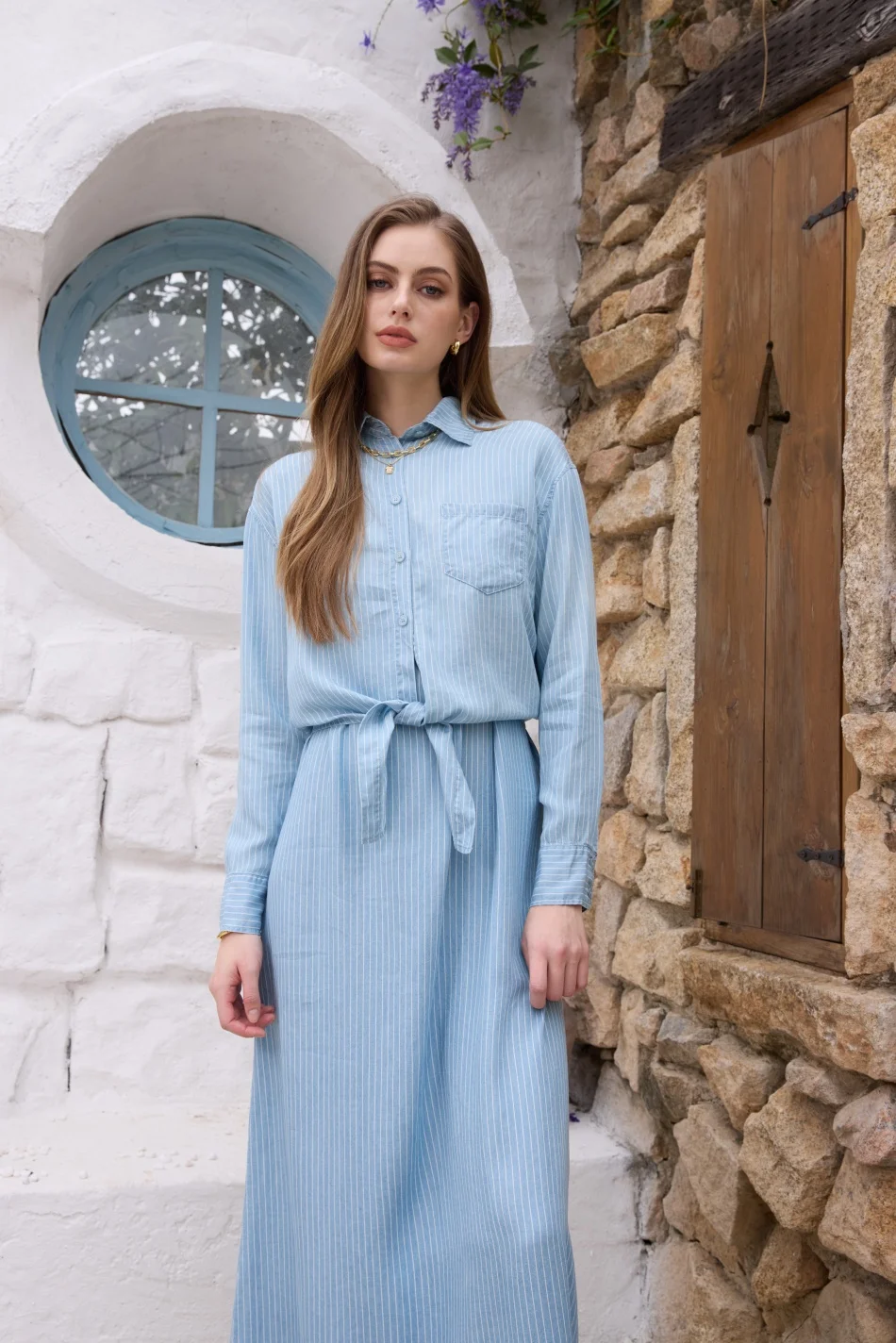 Women's Lightweight Denim Pinstripe Wrap Blouse And Maxi Dress Set — photo 5