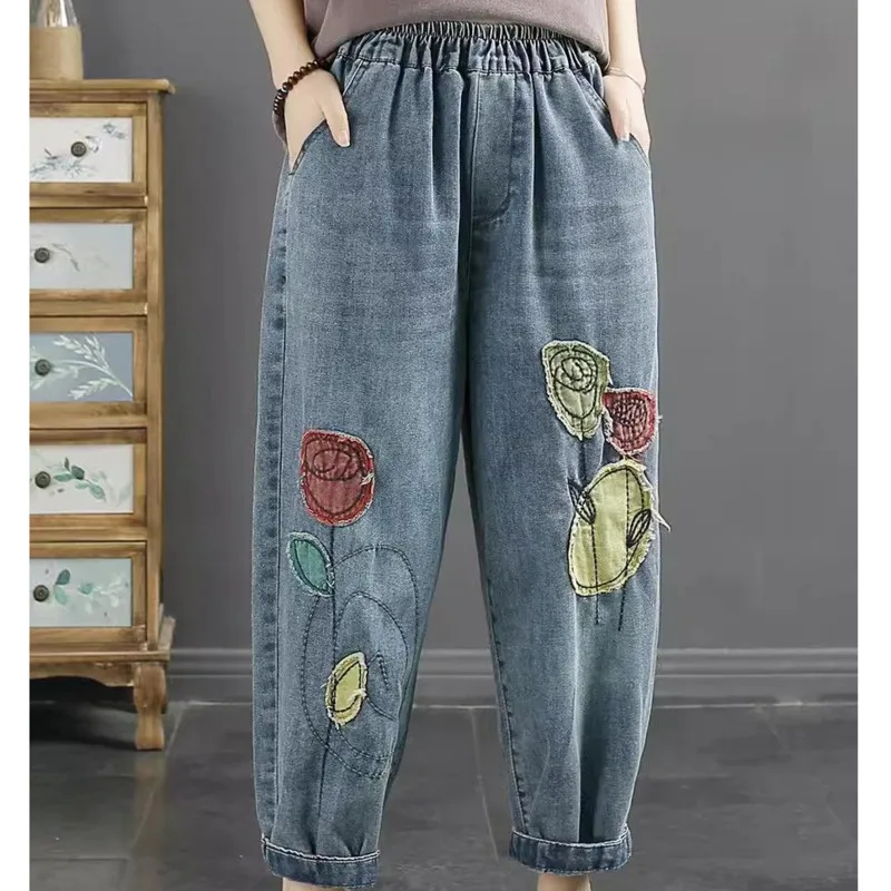Vintage Embroidered Patch Baggy Jeans For Women's Spring Summer Hight Elastic Waist Denim Pants Loose Streetwear Harem Trousers