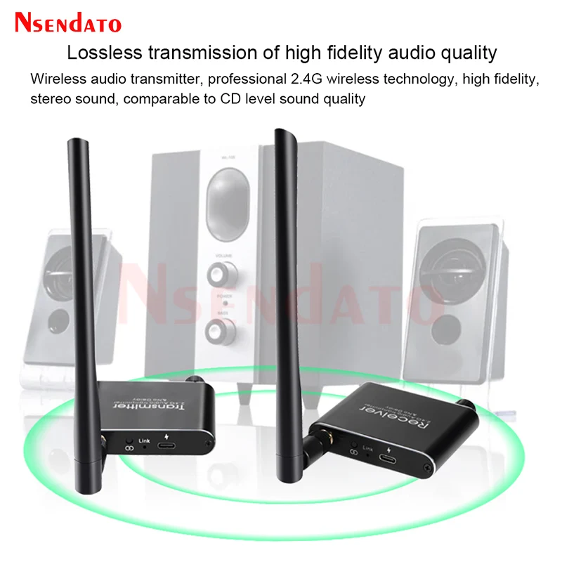 50m 2.4GHz Long Range Wifi Transmitter Receiver Wireless Audio Adapter with Volume Control for Subwoofer Speaker R/L 3.5mm Jack