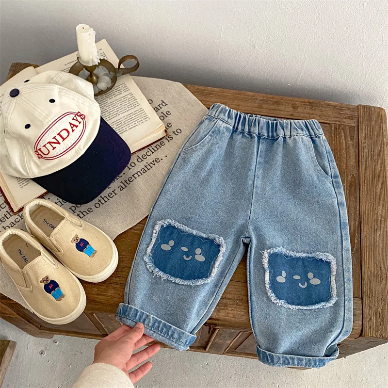 

Kids Jeans 2024 Spring Korean New Toddler Girls Jeans Cartoon Patchwork Baby Boys Pants Children's Straight Leg Denim Trousers