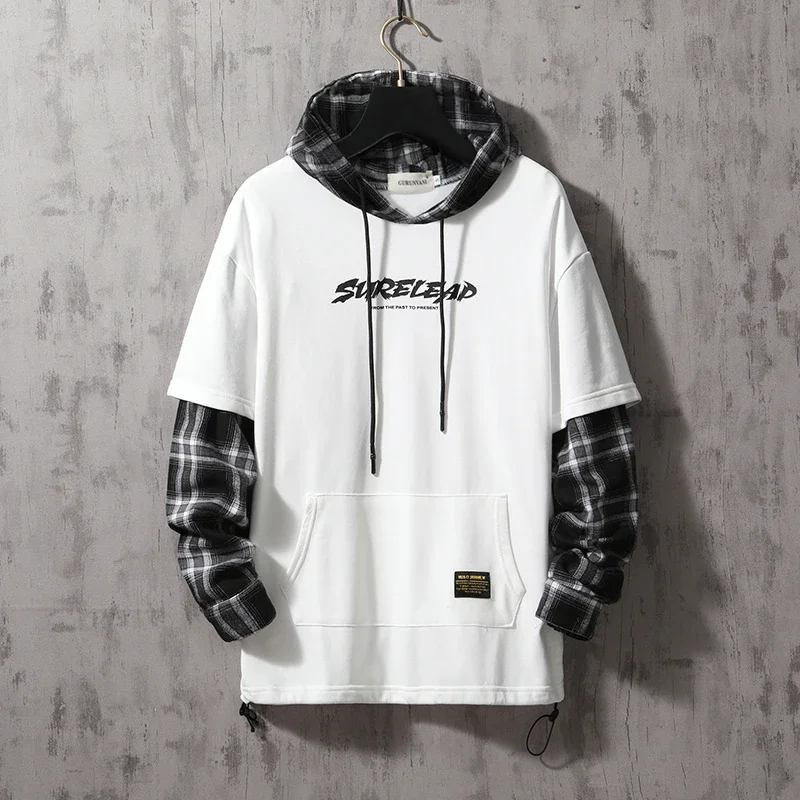Black Patchwork Hoodies Autumn Spring Men's Sweatshirts Hiphop Punk Streetwear Casual Pullover New Plaid Hoodies