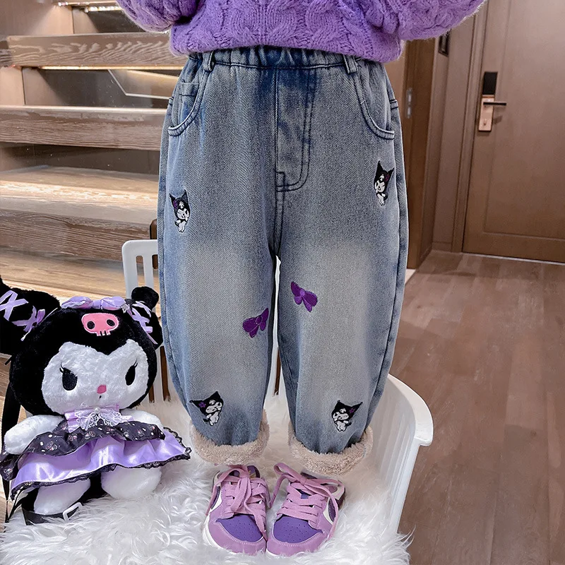 

Sanrio Kuromi Anime Children Fleece Pants Autumn Winter Season Cartoon Cute Girl Comfortable Casual Thickened Jeans To Keep Warm