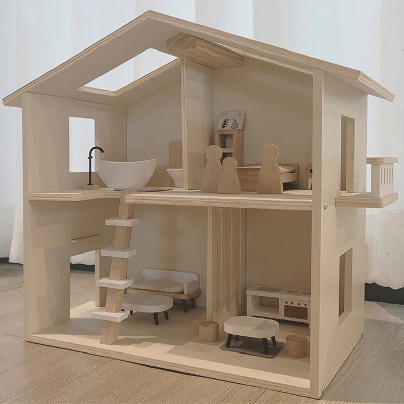 New Arrival 2 Floors Baby Pretend Role Play Big Wooden Kids Doll House For Girls 3+ 4