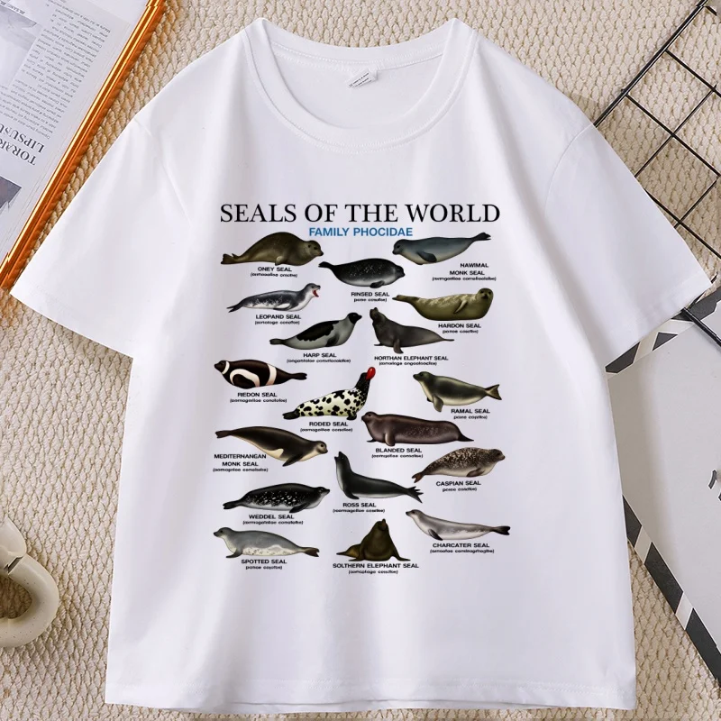 Seal T-Shirt Y2k Seals of The World T-Shirt 90er Retro Tee Rundhals-T-Shirt mit Tiermotiv Lässige lockere Baumwoll-Kurzarm-Print-Kleidung