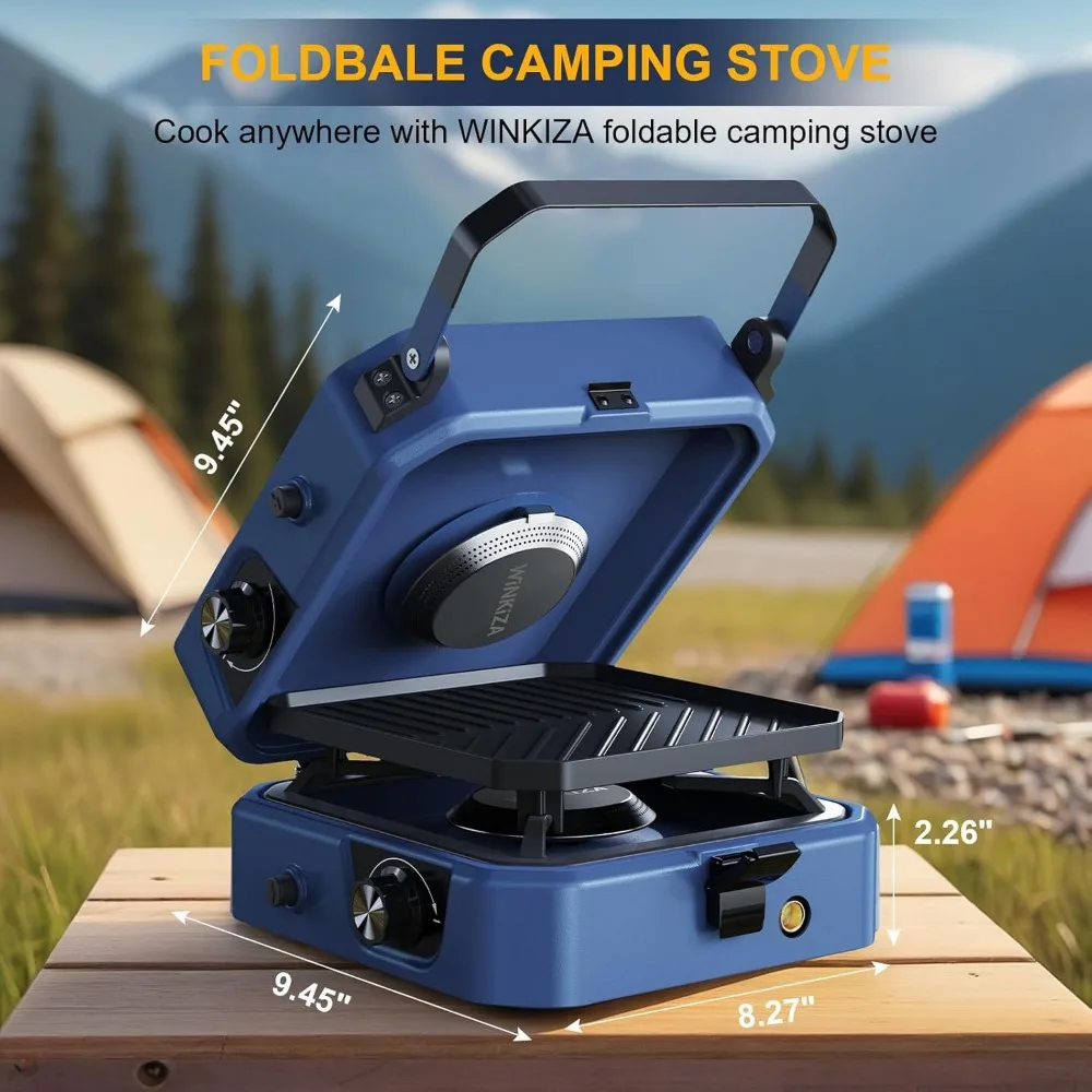Upgraded 2 Burner Propane Camping Stove with Grill，Foldable Camp Stove with16,000 BTU，Two Adjustable Burners with Piezo Ignition 3