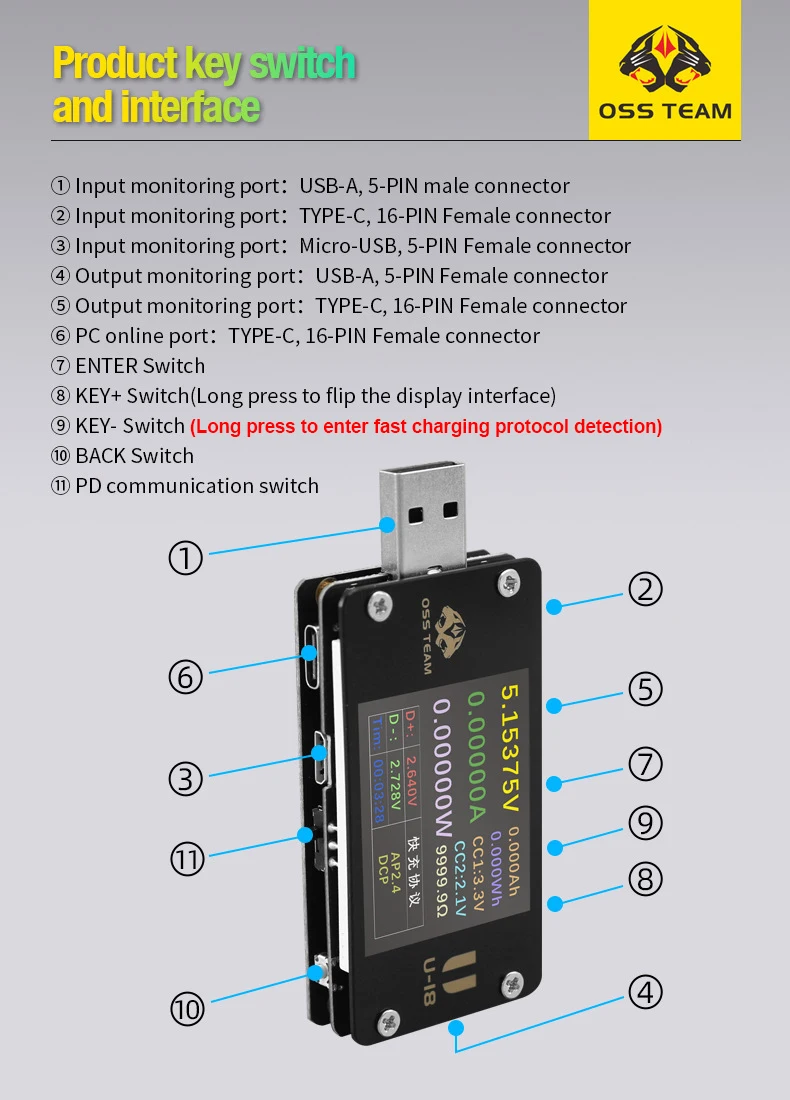 OSS U18 Fast charging tester high-precision voltage & current tester meter multi