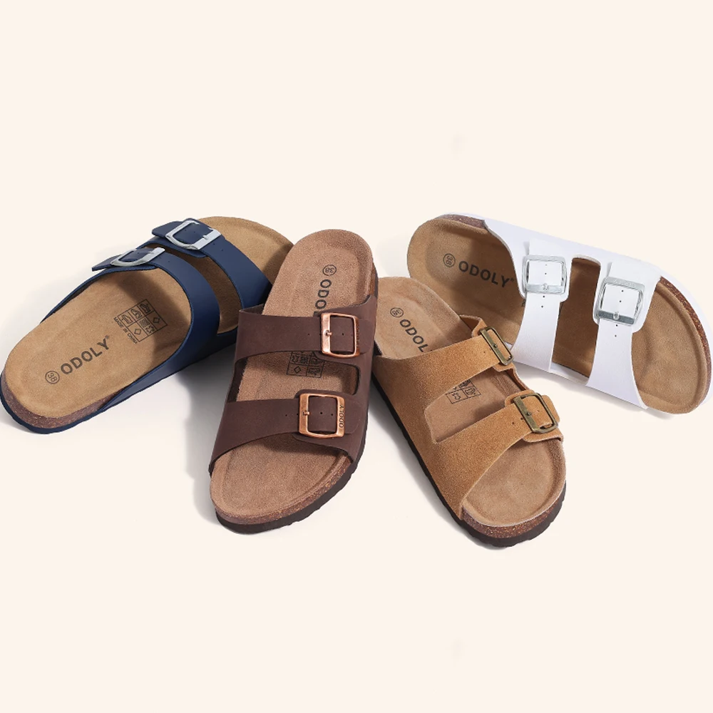 Comwarm Men Cork Leather Slippers Summer Brand Slippers Leisure Beach Shoes Unisex Fashion Cork Sandals Adjustable Double buckle
