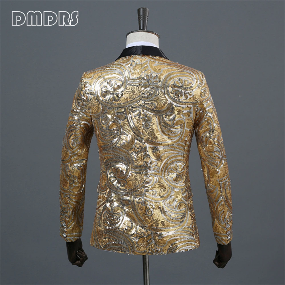 Gold  Sequined Costume Suit Blazer For Men With Bow-tie Shawl Neck Fashion Men's Suit Jacket  For Wedding Prom Party