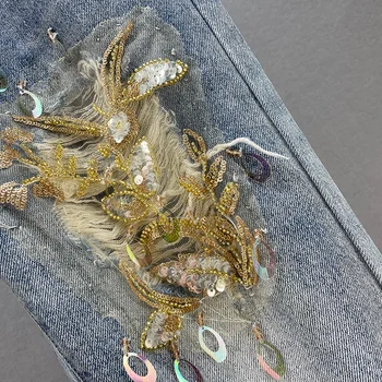 Spodnie Jeansowe Damskie Z Wysokim Stanem Z Cekinami 3