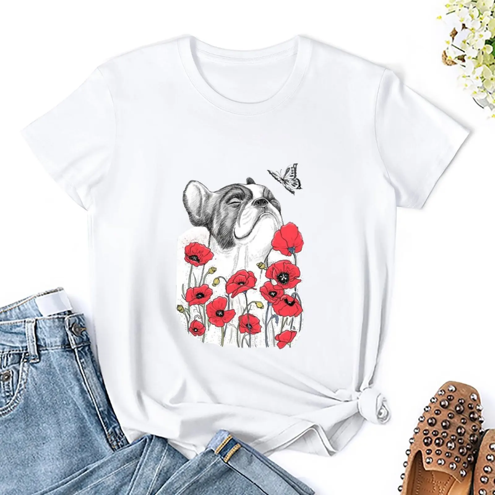 

Женская футболка студентомопс с цветами, Женская весенне-летняя футболка с милым и свежим мультипликационным изображением животного, топ с круглым вырезом и коротким рукавом для девушек