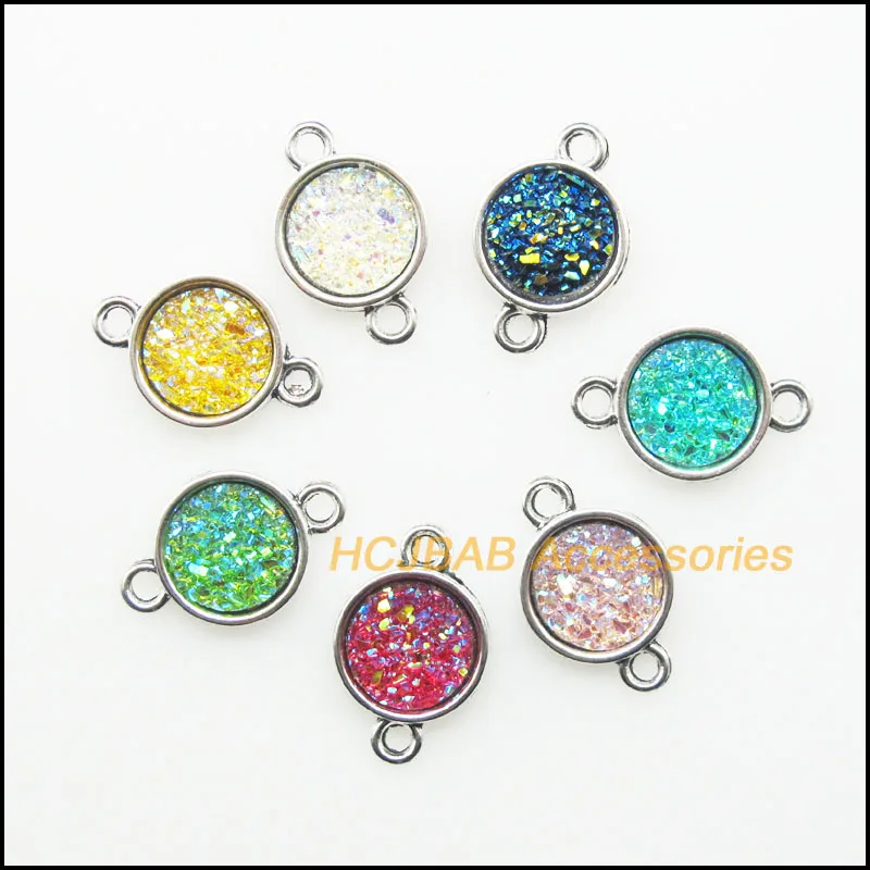 

14Pcs Antique Silver Color Retro Ore Mixed Resin Round Charms Pendants Connectors 12x19mm