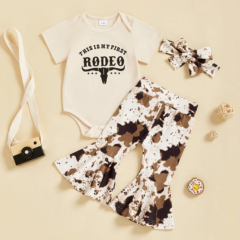 Infant Baby Girls Clothes Suits Letter Print Crew Neck Romper Cow Pattern Flare Pants Headband Summer Newborn 3Pcs Set