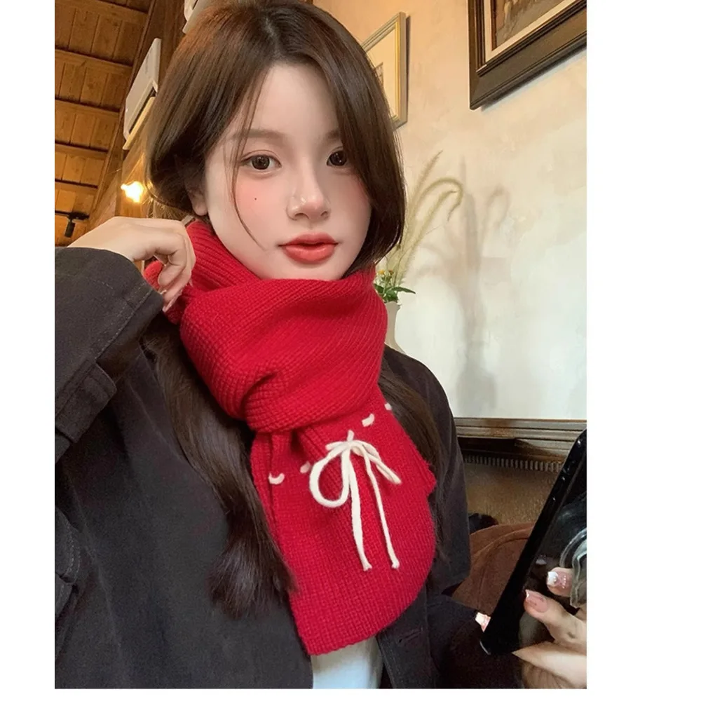 Fiocco rosso coreano per autunno e atmosfera femminile, calore denso, protezione per il collo, scialle lavorato a maglia, sciarpa invernale_voghion.com