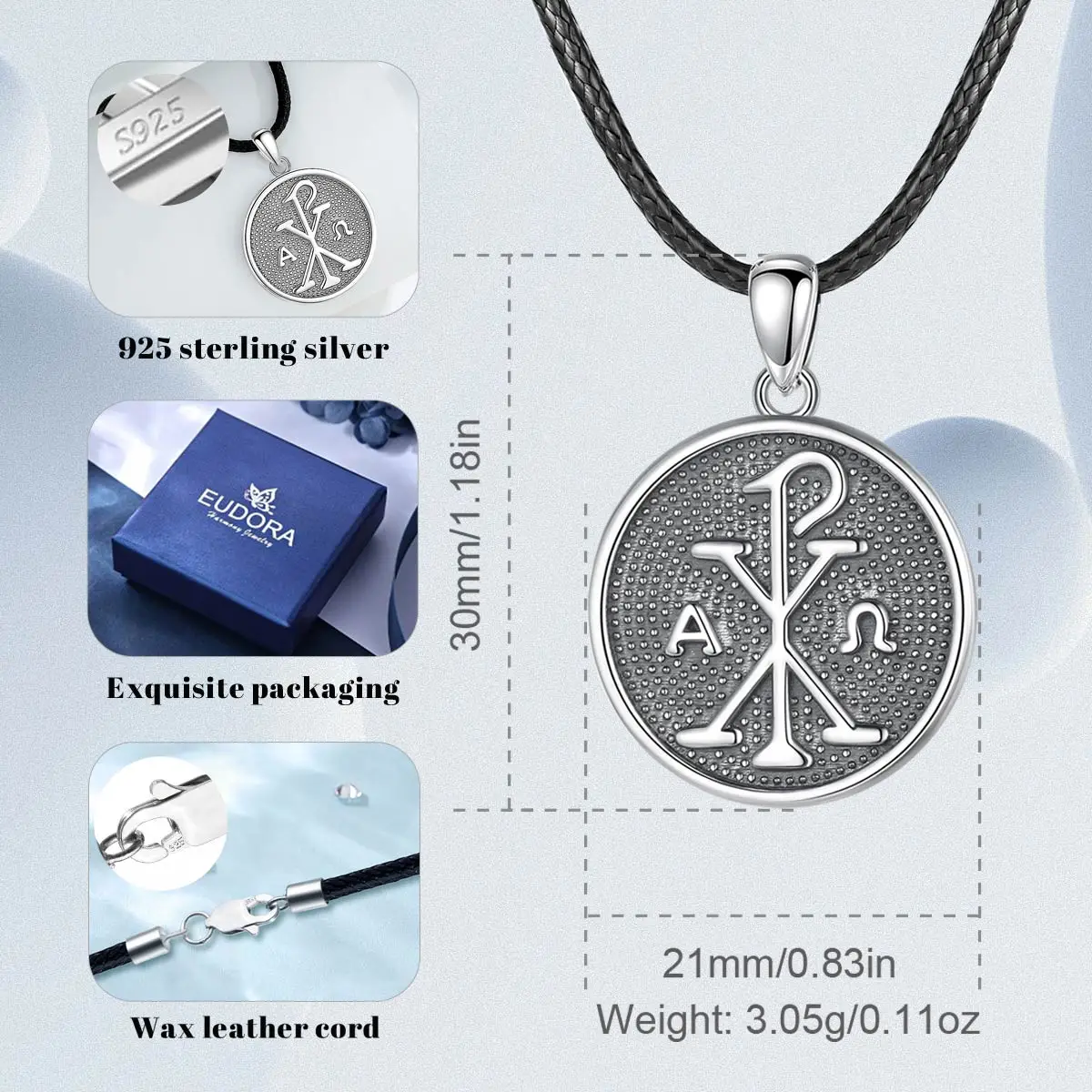 Eudora 925 Sterling Silver Chi Rho Amulet Pendant Necklace for Women Man