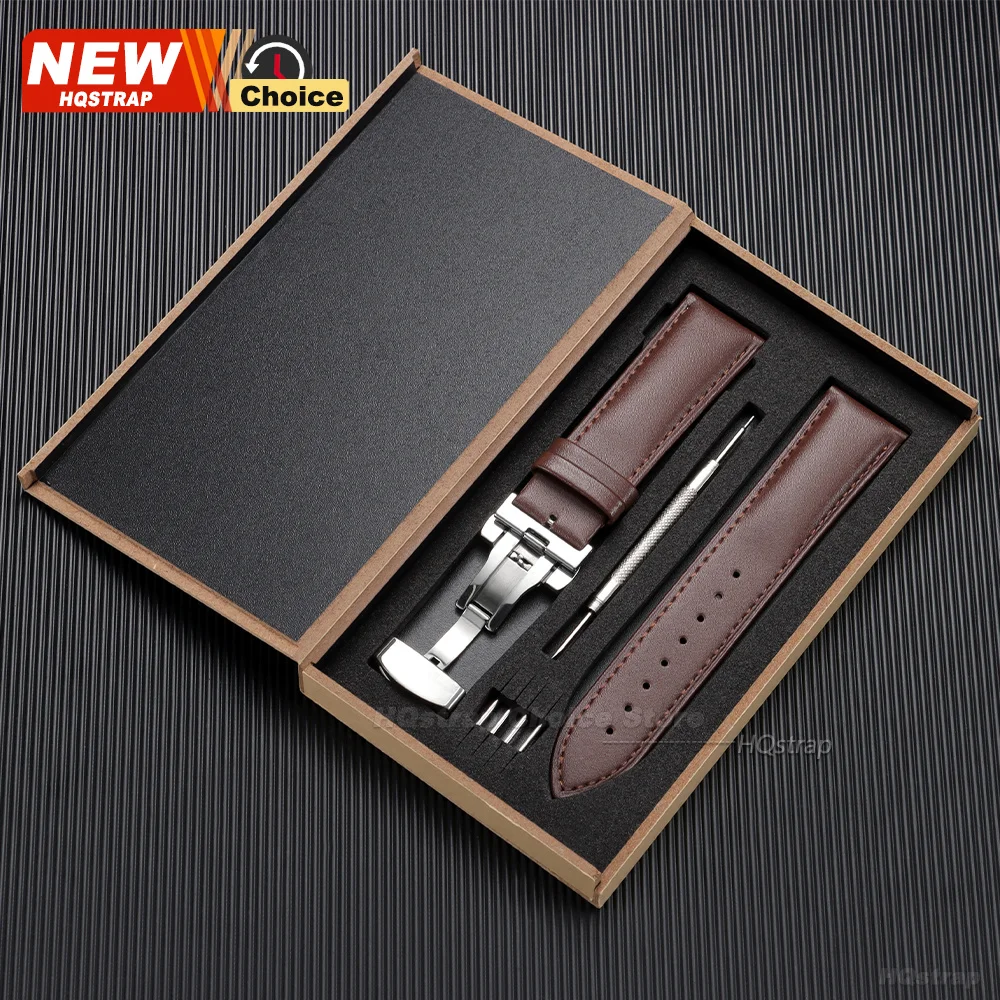 Luxurious Genuine Calfskin Leather Watch Strap with Butterfly Buckle in Elegant Wooden Box