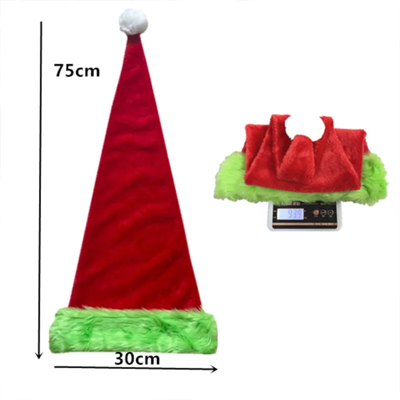 Plush Christmas hat 75CM red plush holiday decoration hat with green edge Christmas atmosphere
