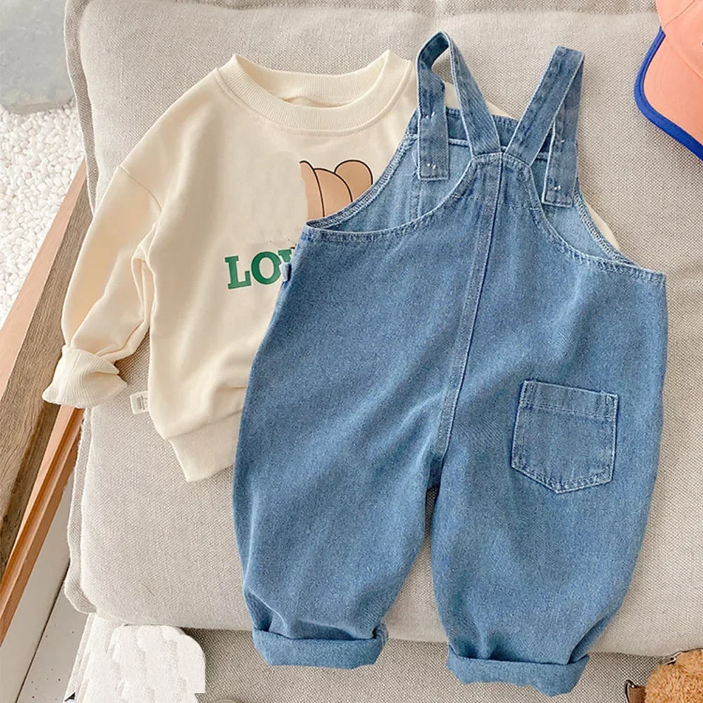

Girls Jumpsuit Blue Denim Solid Color Cotton Spring Autumn Boutique Kids Clothing Toddler Boy Jeans Overalls