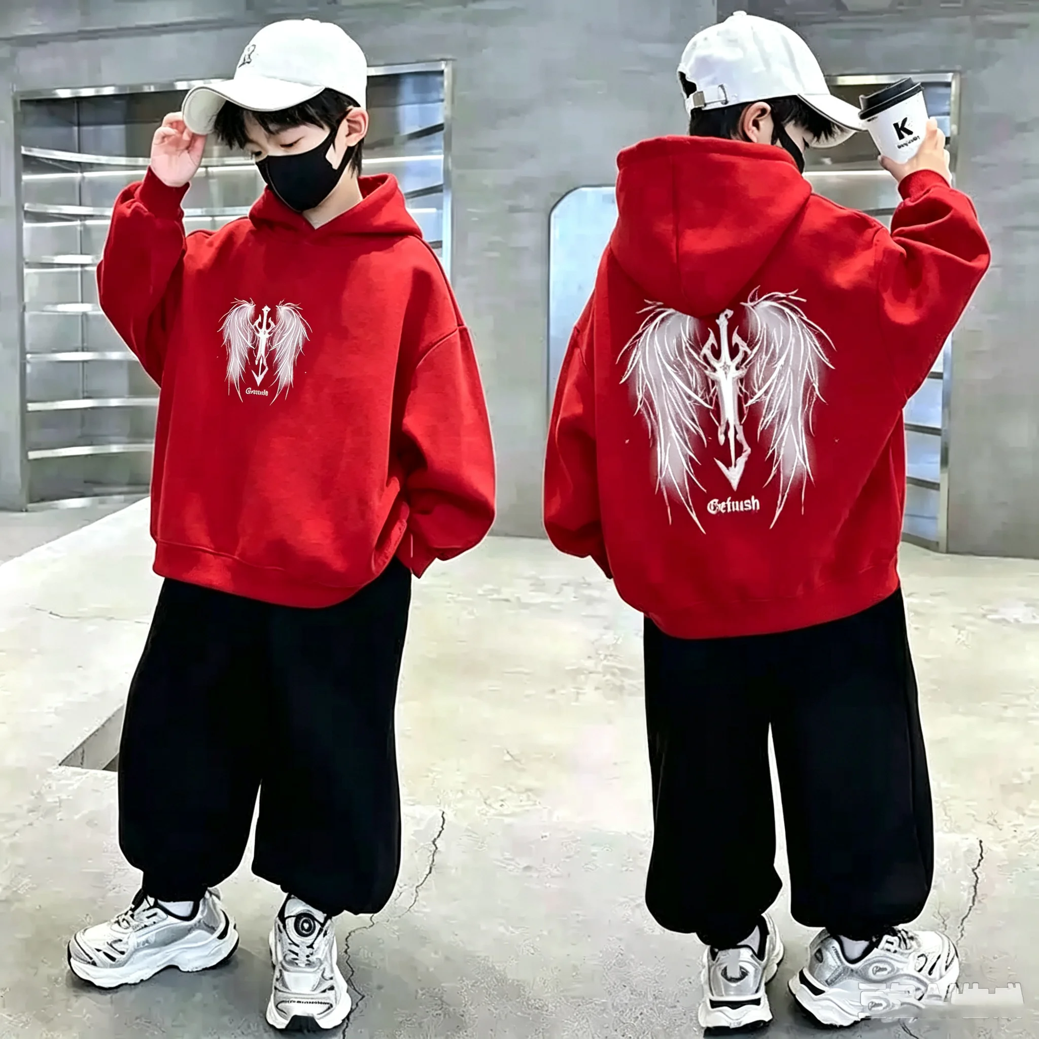 Boys Hoodie Streetwear Angel Wings Trident Print Kids Loose Hooded Sweatshirt Casual Teen Pullover - 4