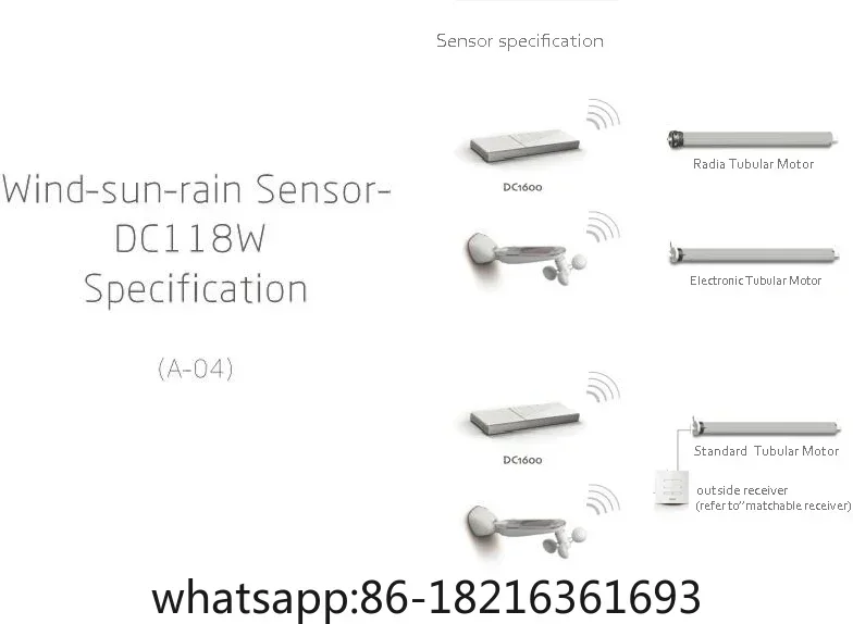 1PC MOQ DC118W 433MHz Solar Wireless Wind Sun Rain Sensor for awning and shutter