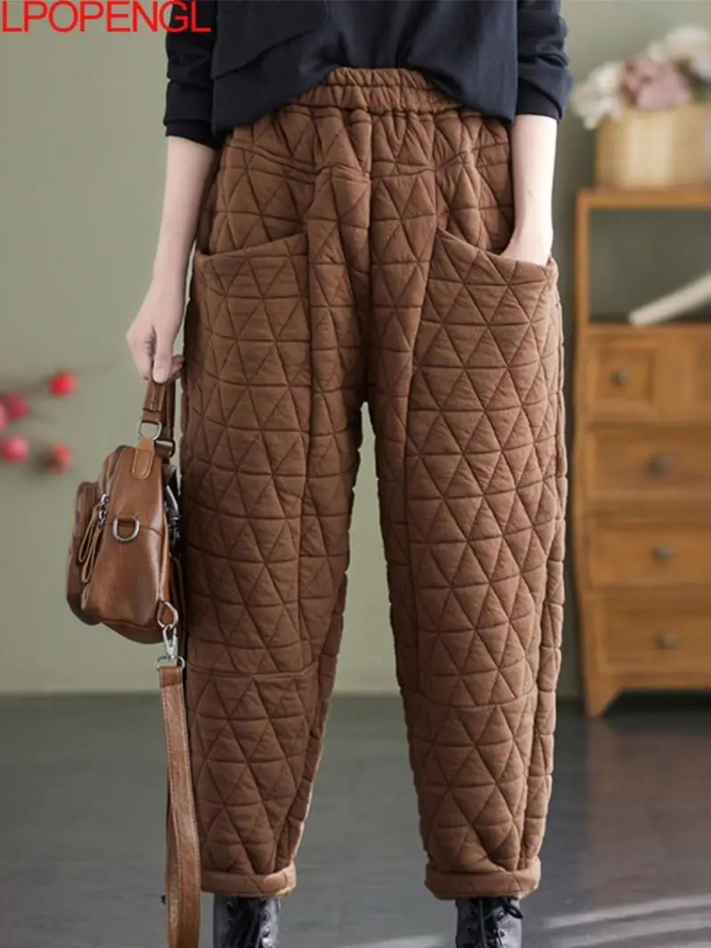 

Women Warm Quilted Pants Elastic Waist Loose Solid Color Thick Trousers 2023 Autumn Winter New Vintage Pocket Casual Harem Pants